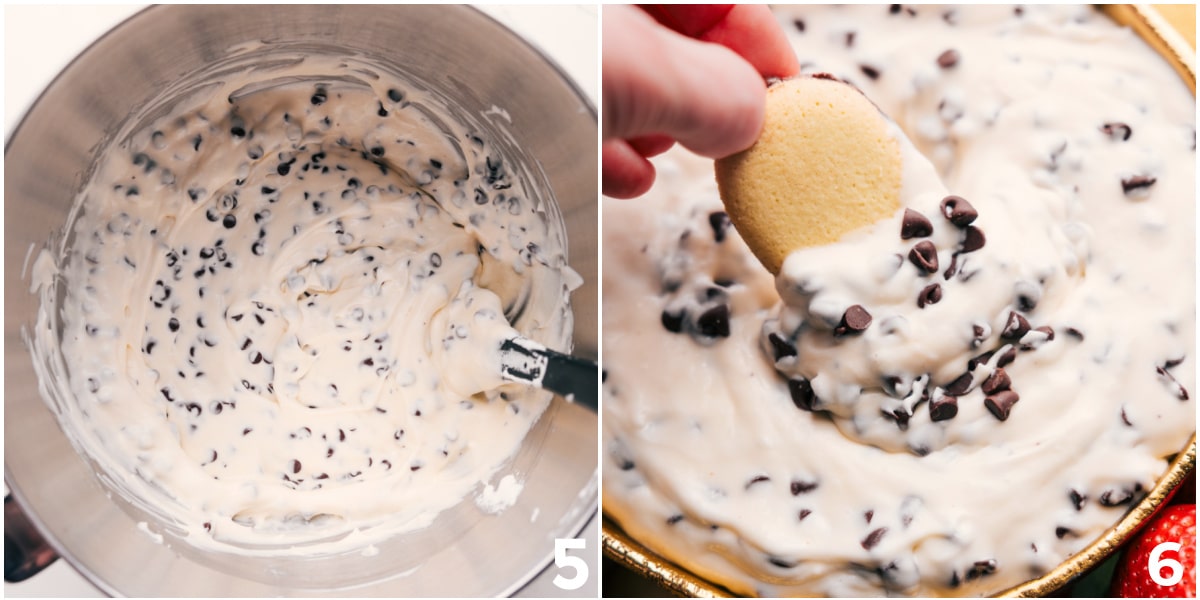 The Perfect No Bake Treat! Chocolate chips folded in and then a cookie dipped into the dessert.