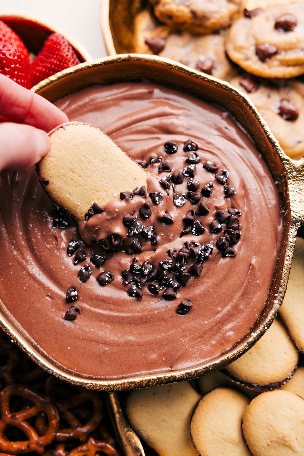 Chocolate fruit dip topped with chocolate chips, with a cookie dipping into the creamy dip.