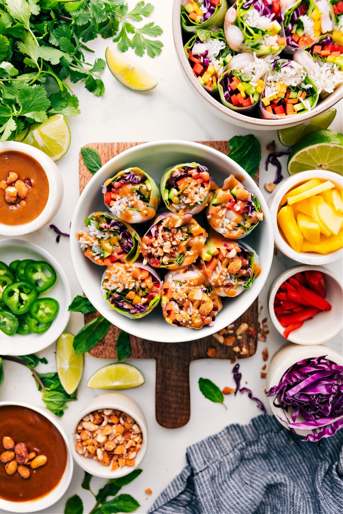 Flavorful And Fresh Spring Rolls How to make spring rolls with all the fillings in a bowl, ready to assemble and serve with peanut dipping sauce.