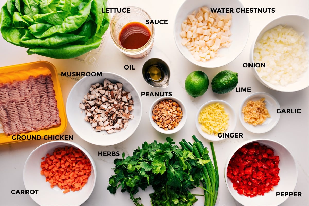 Ingredients To Lettuce Wrap Recipe All the ingredients in this recipe prepped out for easy assembly including the lettuce, ground chicken, carrot, mushrooms, herbs, sauce, oil, peanuts, water chestnuts, onion, limes, garlic, ginger, and peppers.