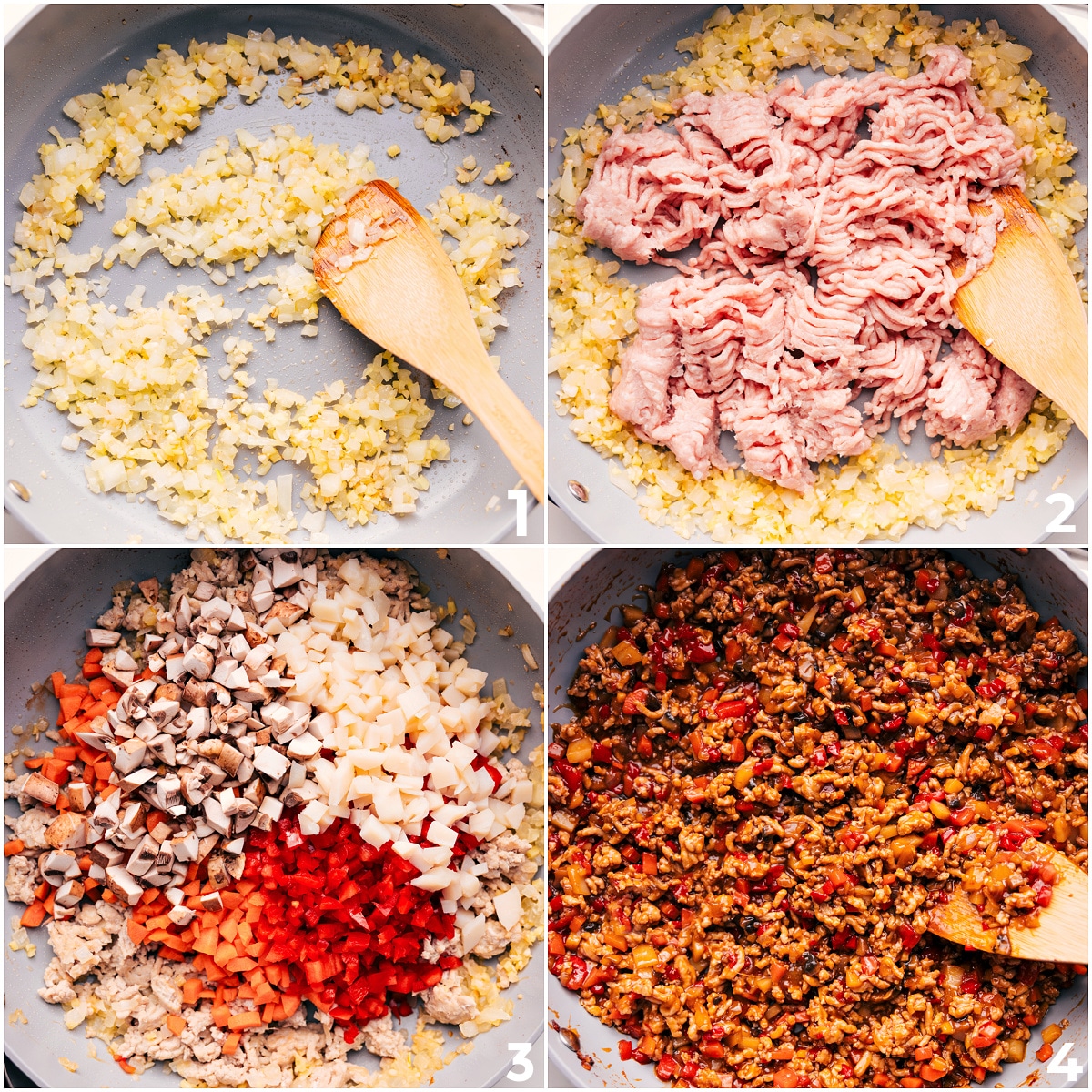 How To Make This Lettuce Wrap Recipe The aromatics being sautรฉed and then the ground chicken being browned through, with additional veggies being added in for this lettuce wrap recipe.