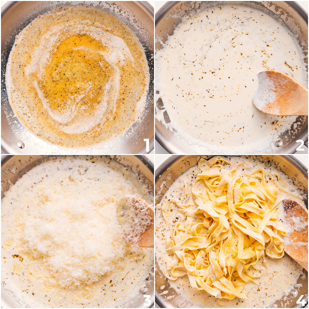 How To Make Olive Garden Fettuccine Alfredo Recipe The creamy sauce being cooked together and then the cooked fettuccine added into the sauce for this Olive Garden Fettuccine Alfredo Recipe.