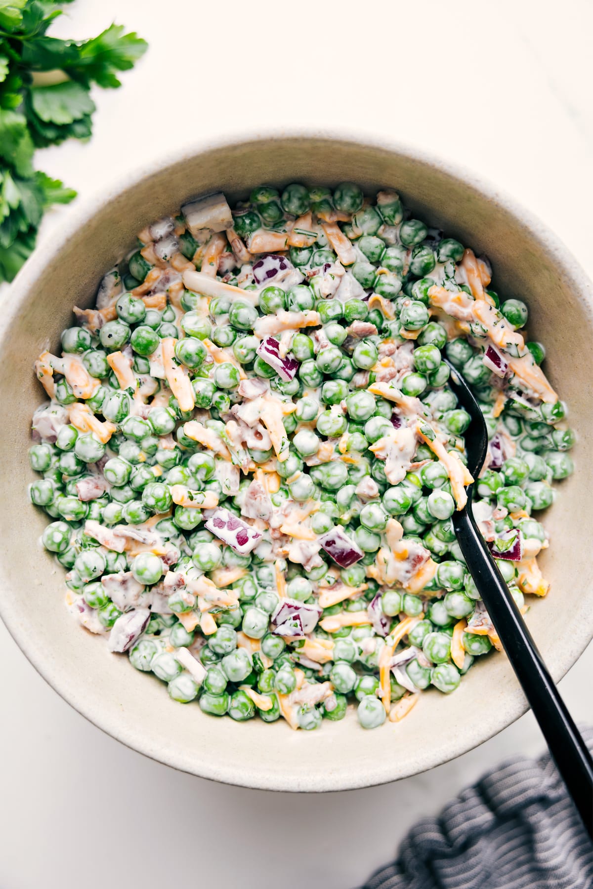 Spring Recipes: Pea Salad Recipe Pea salad recipe in a bowl ready to be enjoyed.