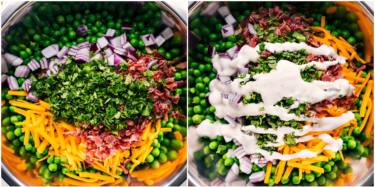 How To Make This Pea Salad Recipe All the salad ingredients added in a bowl, dressed, and ready to be tossed together.