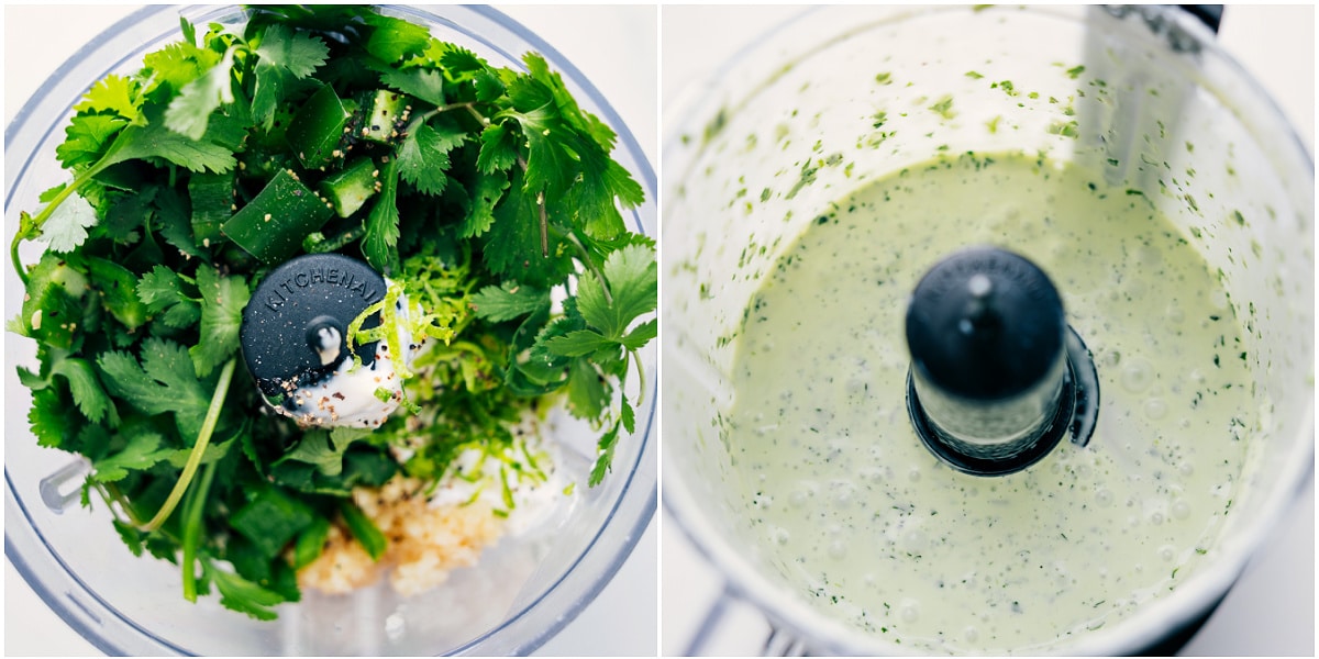 How To Make The Best Cilantro Lime Shrimp Tacos Sauce The cilantro lime sauce being blended together for this shrimp tacos recipe.