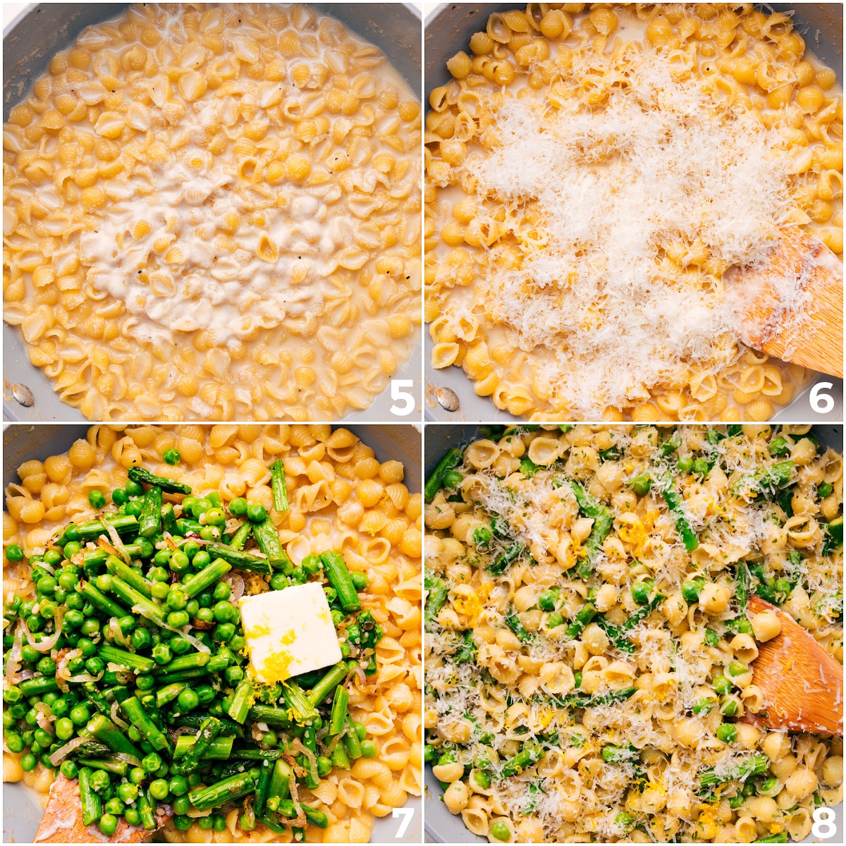 Creamy And Cheesy Asparagus Pasta Recipe Pasta added to the pot with milk, cheese, and sautรฉed vegetables, all stirred together into a creamy, cheesy dinner.