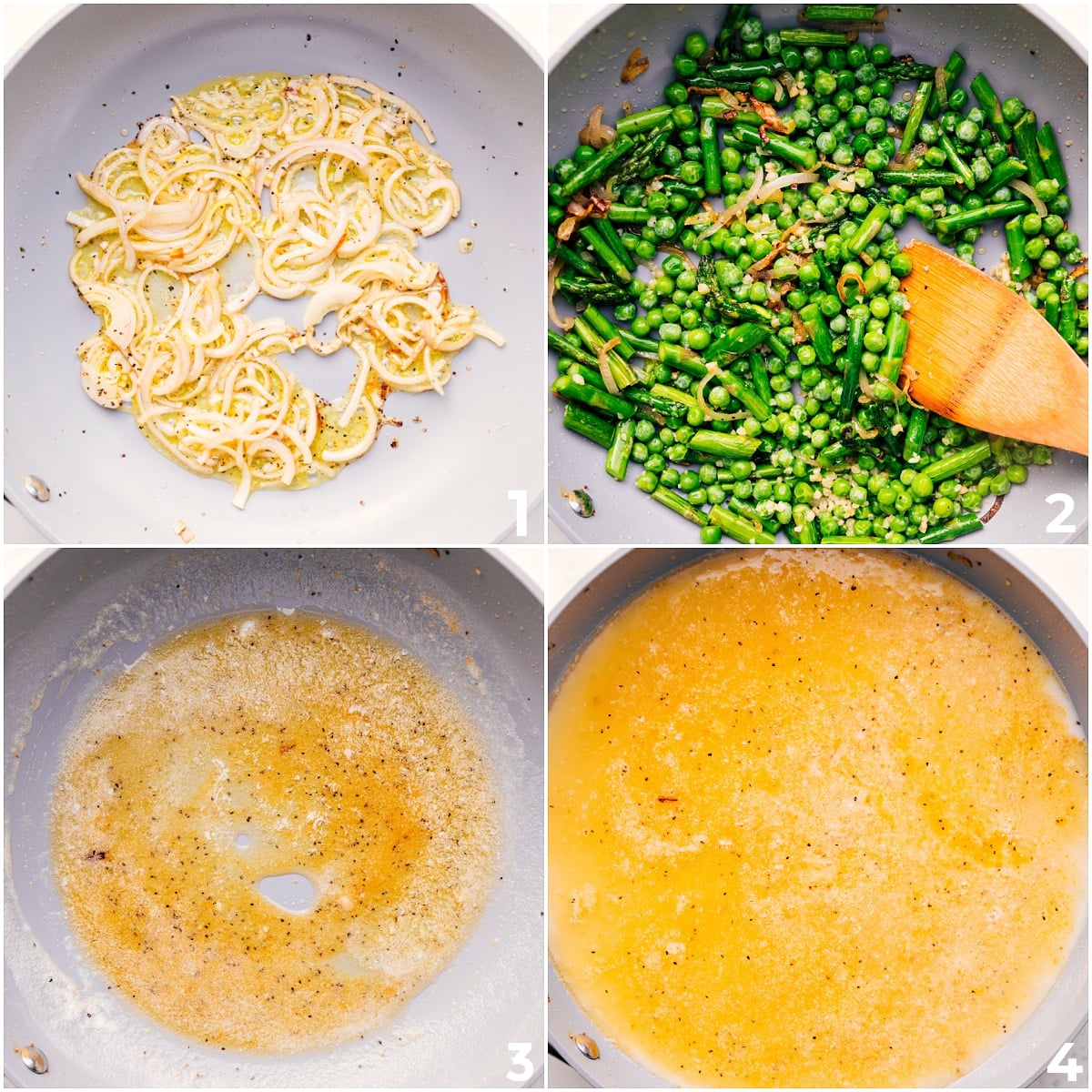 How To Make This Asparagus Pasta Recipe Shallots and garlic sautรฉing in oil, followed by peas and asparagus, then removed while liquids are added to the pot for this asparagus pasta recipe.