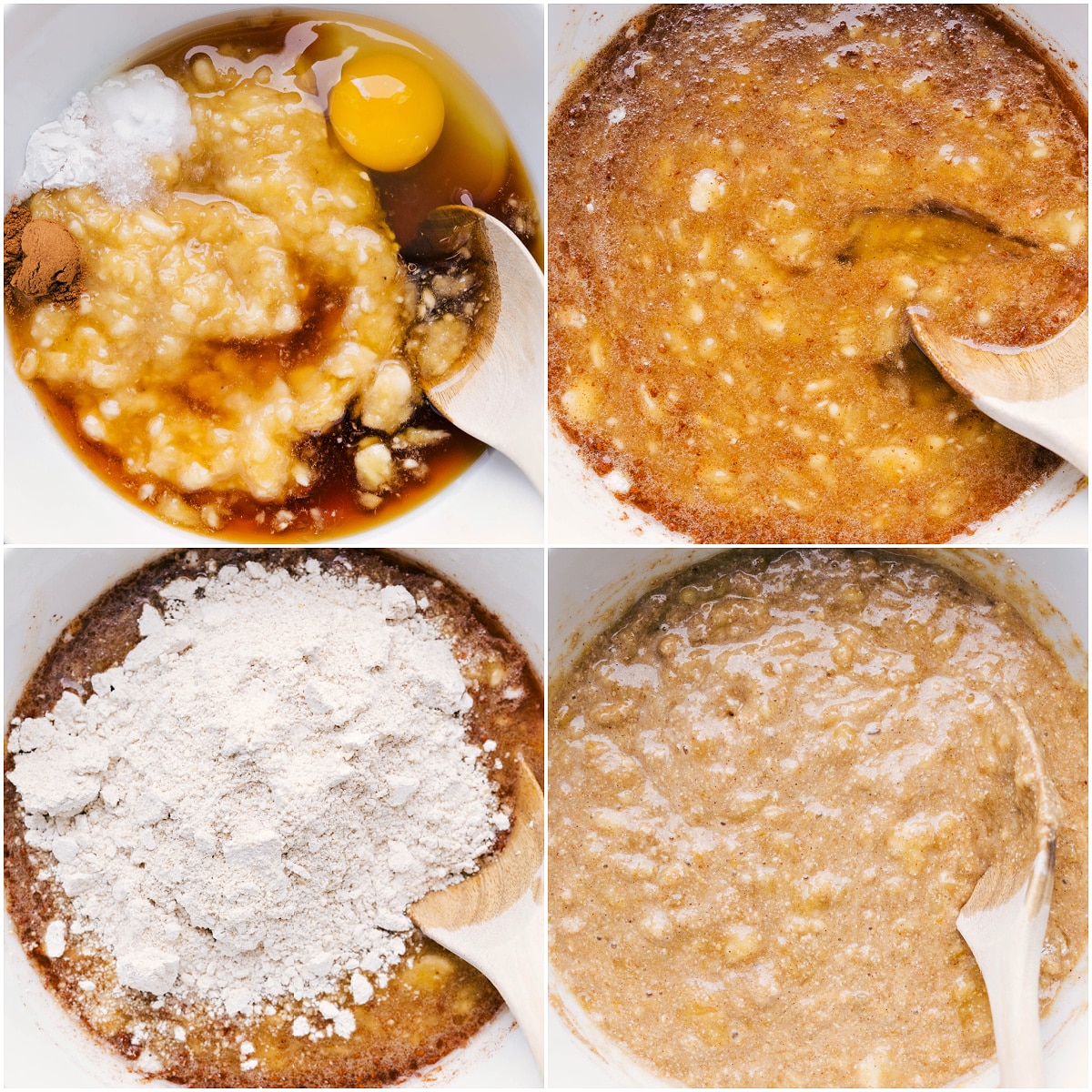 How To Make Banana Crumb Muffins Wet and dry ingredients being whisked together in a bowl for banana crumb muffins batter.