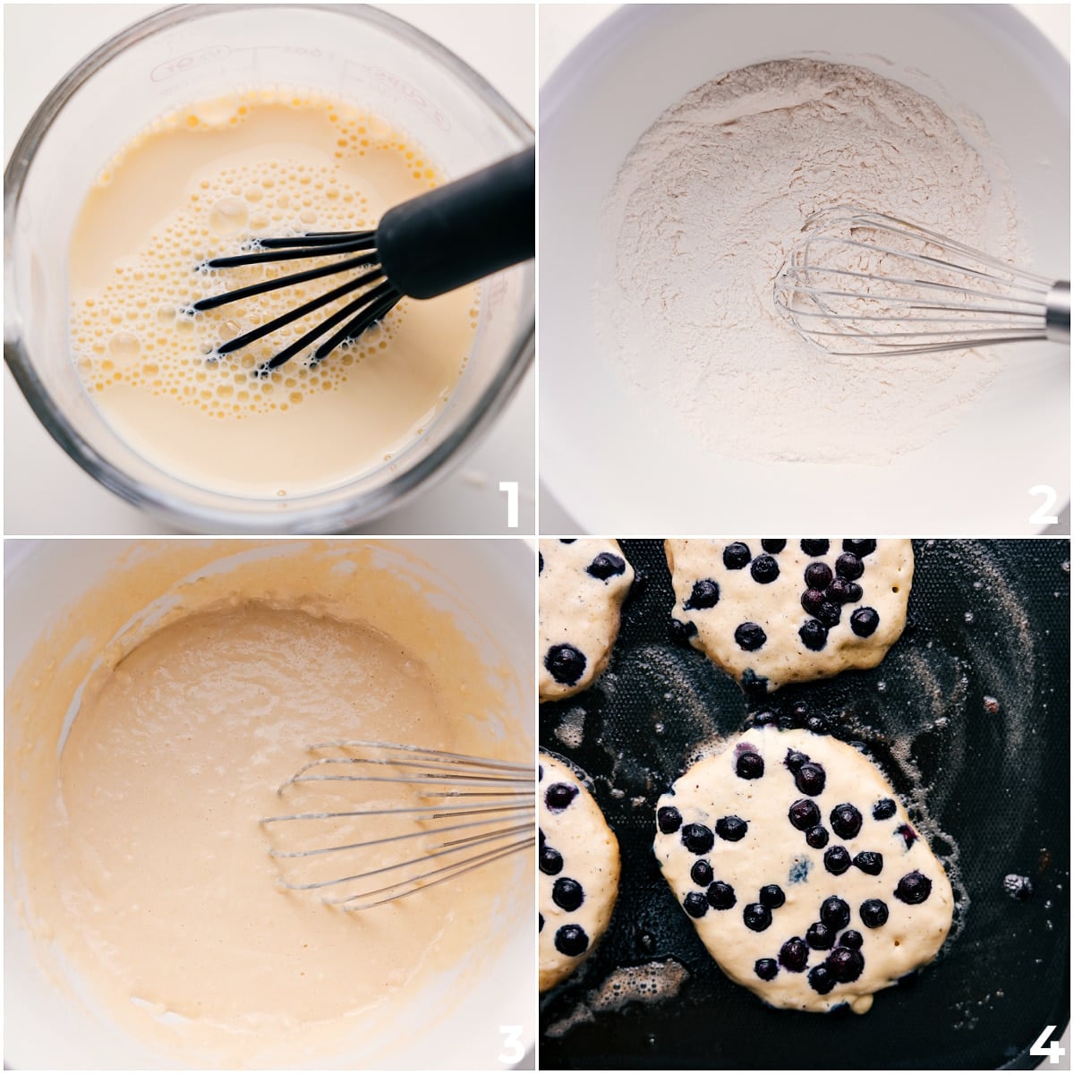 How To Make This Blueberry Pancake Recipe Wet and dry ingredients mixed separately, then combined into batter and cooked on a griddle for this blueberry pancake recipe.