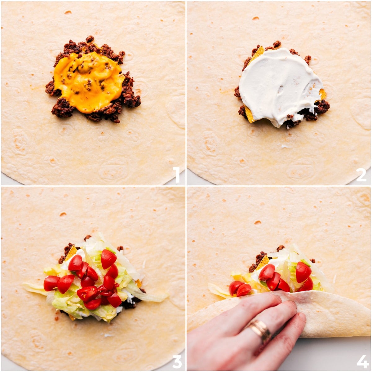 How To Make This Crunchwrap Supreme Recipe Assembling everything by adding ground beef, nacho cheese, sour cream, lettuce, and tomatoes in a tortilla.