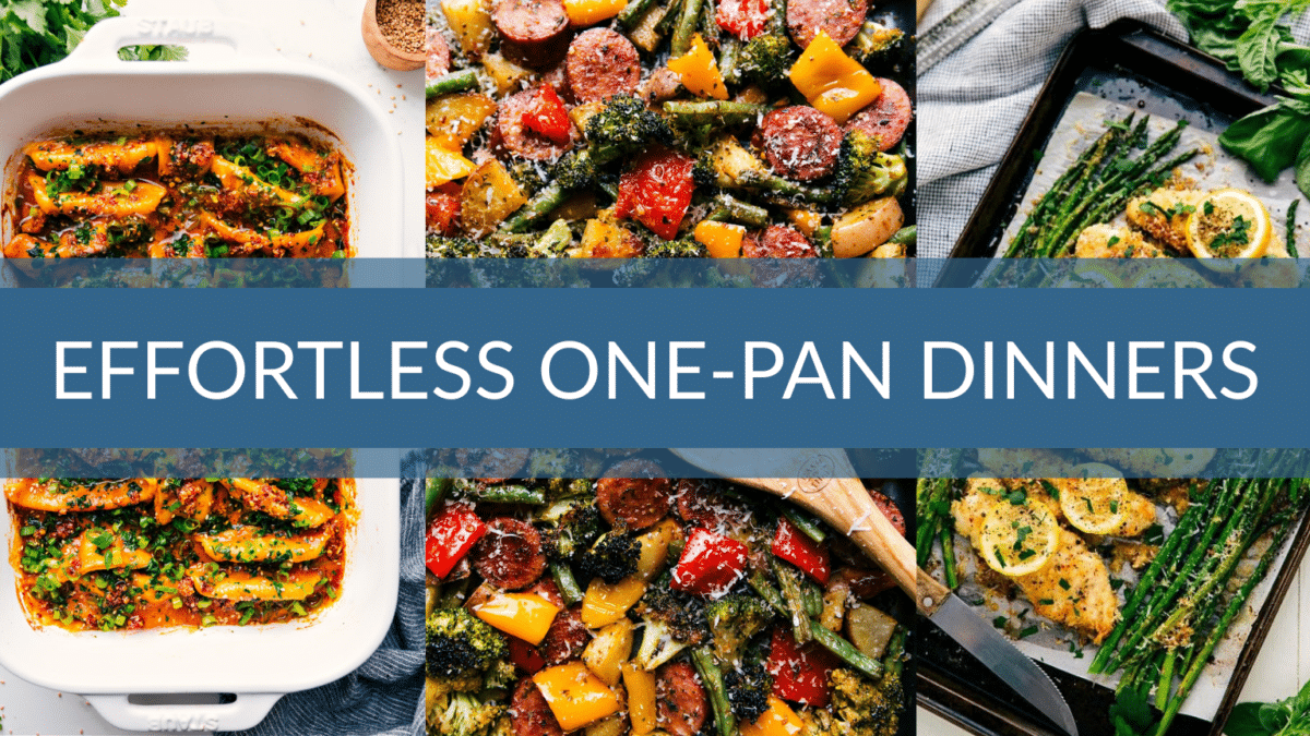 One Pan Dinner Recipes collage with a variety of easy meals cooked in a single pan.