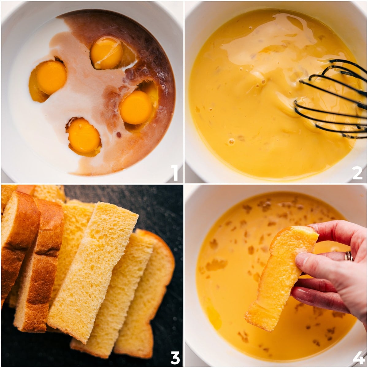 How To Make This French Toast Sticks Recipe All the batter ingredients whisked together for this French Toast Sticks Recipe, with the bread sticks dipped in the batter.