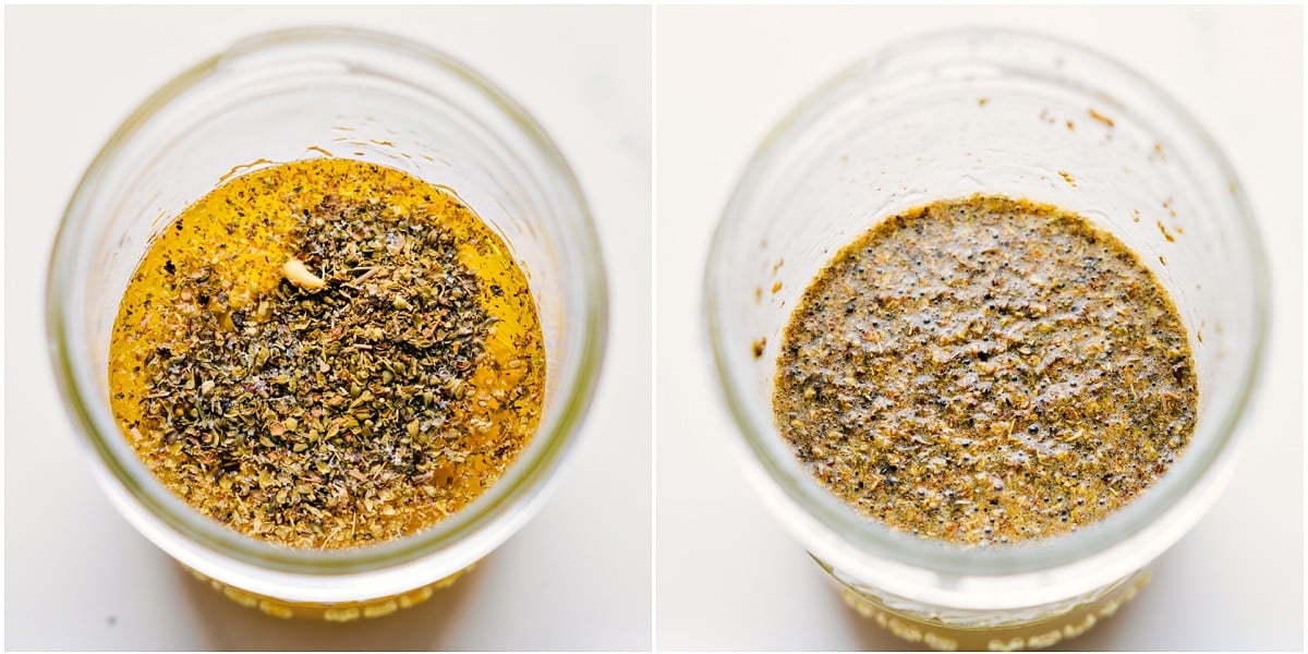 The greek potatoes recipe dressing being mixed together in a mason jar.
