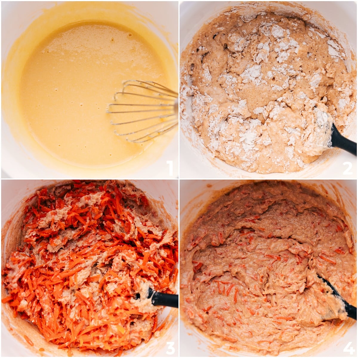 How To Make These Healthy Carrot Muffins Wet and dry ingredients being mixed together in a bowl for these simple one-bowl Healthy Carrot Muffins.