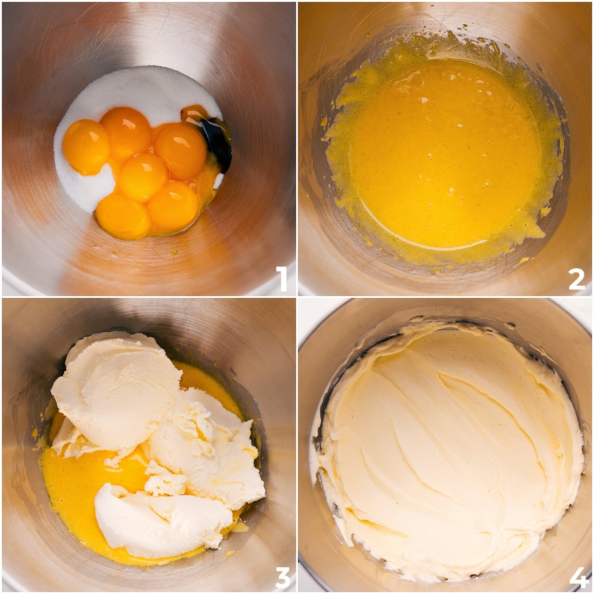 How To Make Lemon Tiramisu Egg yolks, sugar, and vanilla mixed together, then mascarpone added for Lemon Tiramisu.