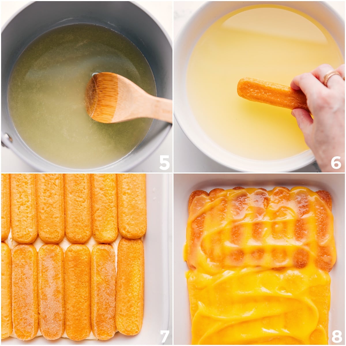 Assembling Lemon Tiramisu Bars The lady fingers being dipped and the layered into a pan and then lemon curd spread over that layer.