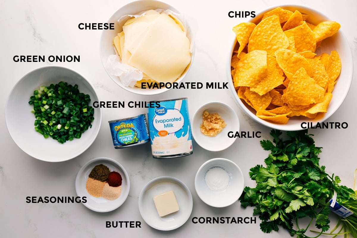 Ingredients In This Queso Recipe All the ingredients in this recipe prepped out for easy assembly including the green onions, seasonings, butter, cornstarch, cilantro, garlic, evaporated milk, green chiles, and cheese.