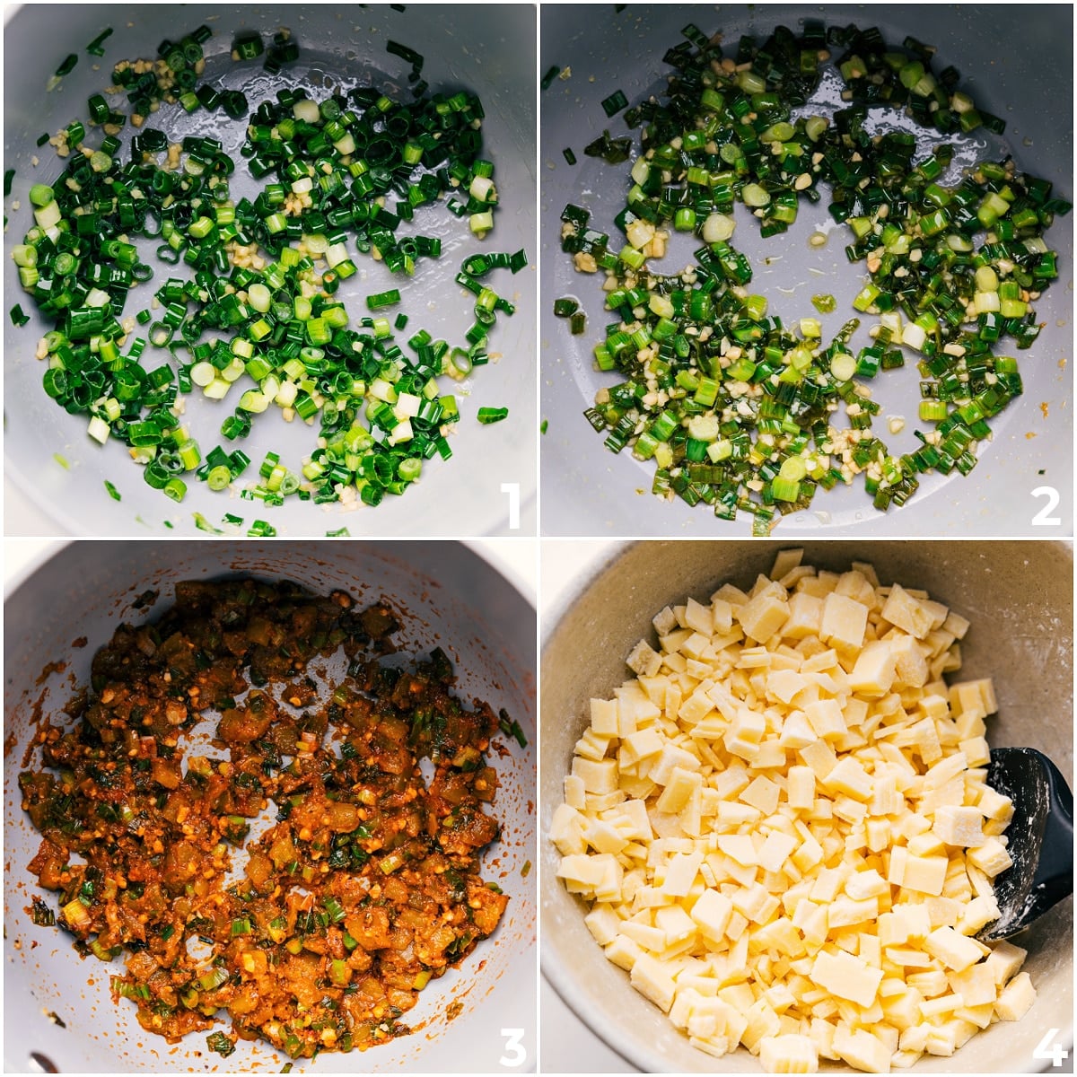 How To Make This Queso Recipe Onions and garlic sautรฉing in a pan, then seasonings and cheese added to make this queso recipe.