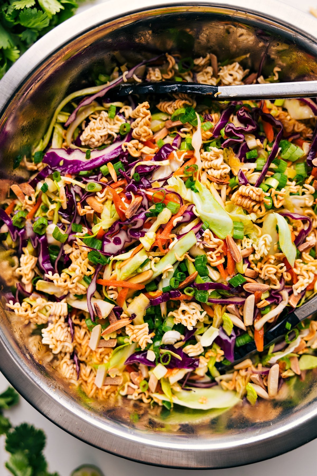 Ramen Noodle Salad Recipe in a large bowl tossed together.