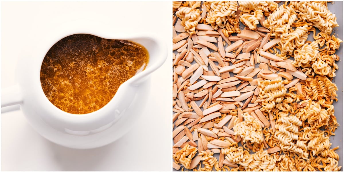 Ramen And Almonds Toasted On A Tray The sauce in a jar and the almonds and ramen and it all being toasted on a tray.