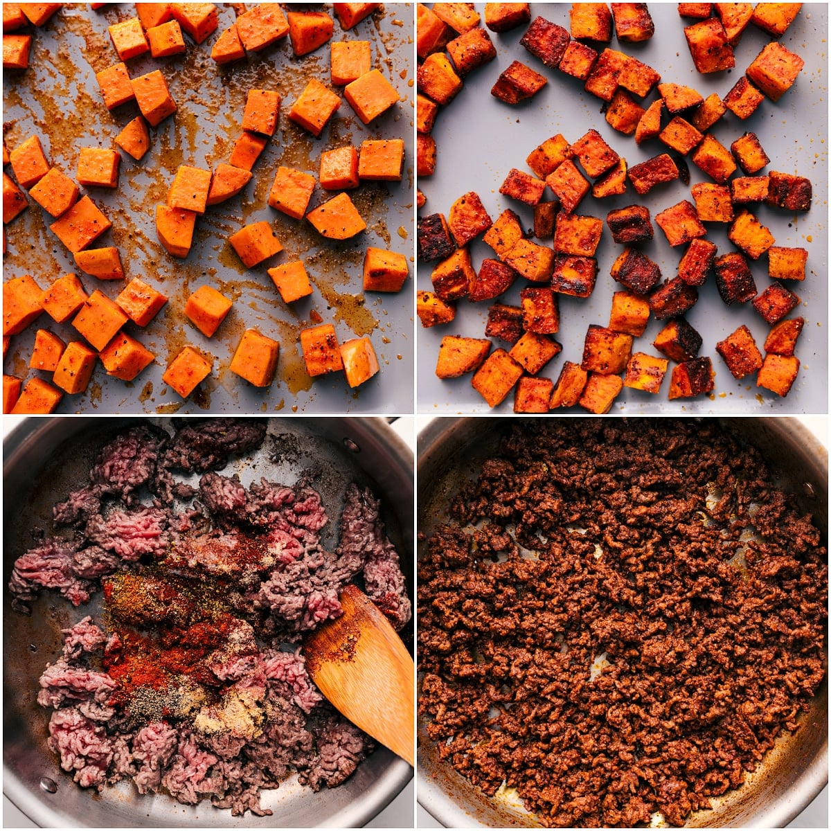 How To Make Street Corn Beef Bowl Sweet potatoes being roasted to perfection and the beef being seasoned and browned.