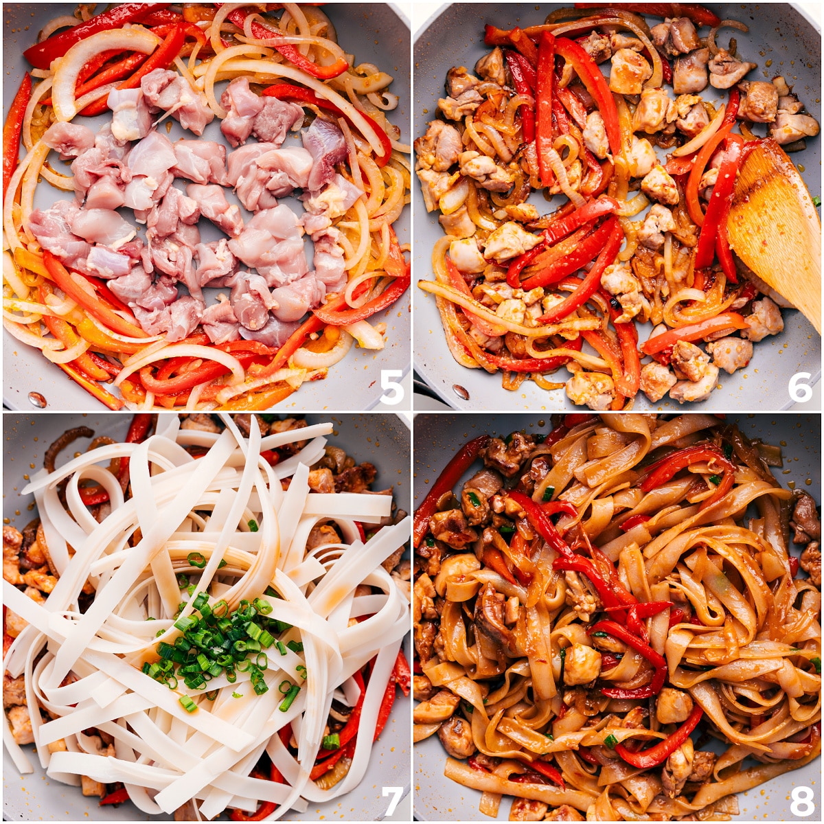 Cooking The Chicken And Veggies For Thai Drunken Noodles Recipe The chicken, peppers, and onions being cooked through and the cooked noodles added in.