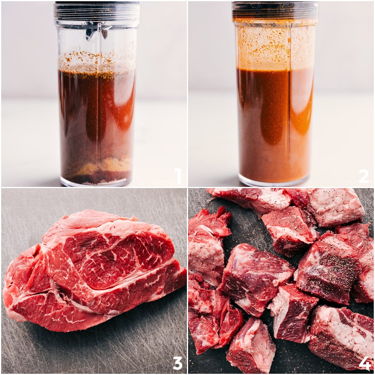 How To Prep And Make This Barbacoa Beef Recipe Sauce for this Barbacoa Beef Recipe being blended, then beef being chopped and seasoned.
