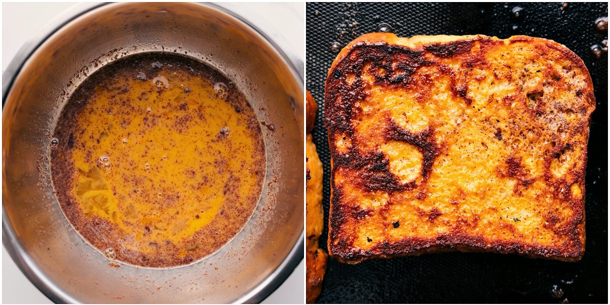 How To Make This French Toast Recipe Egg mixture in a bowl with bread being dipped, then cooked until golden.