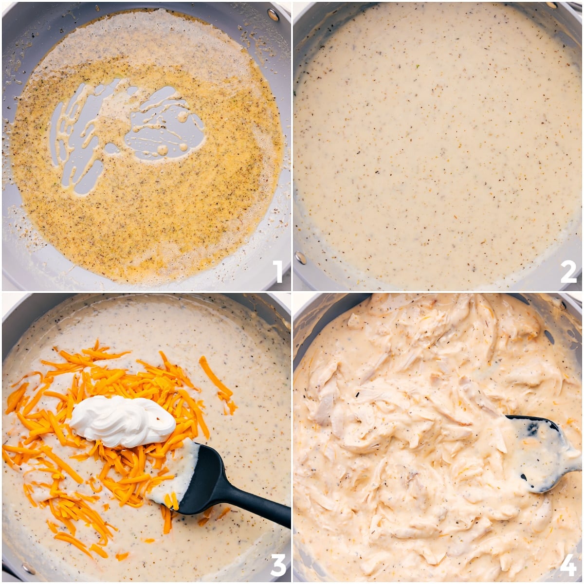 How To Make The Creamy Sauce For These Hawaiian Haystacks Recipe Creamy, cheesy sauce for Hawaiian Haystacks being whisked together with chicken added to the pan.
