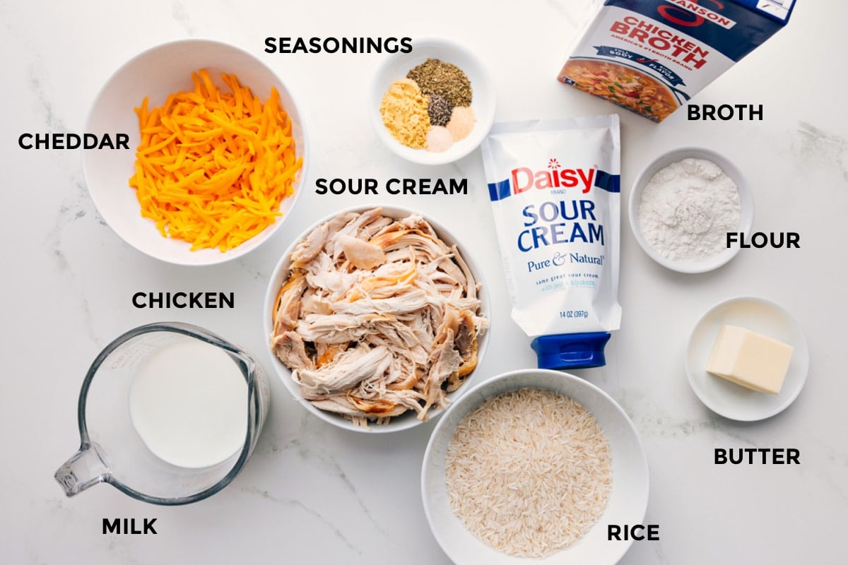 Ingredients In Hawaiian Haystacks Recipe All the ingredients in this recipe prepped out for easy assembly including the milk, cheddar, chicken, seasonings, sour cream, rice, butter, flour, and broth.