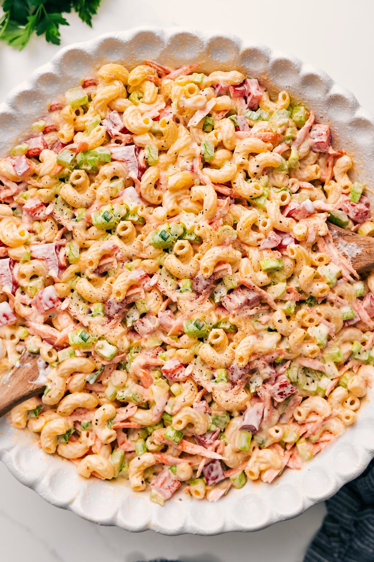 Flavorful And Delicious Macaroni Salad Recipe Macaroni Salad Recipe in a bowl, tossed together and ready to enjoy.