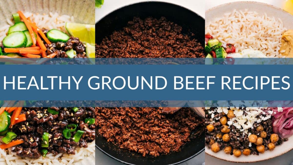 24 Healthy Ground Beef Recipes 24 healthy ground beef recipes collage image.