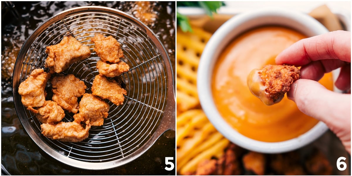 Chick-Fil-A Nuggets Dipped In Sauce The recipe fresh out of the fryer and being dipped in the sauce.