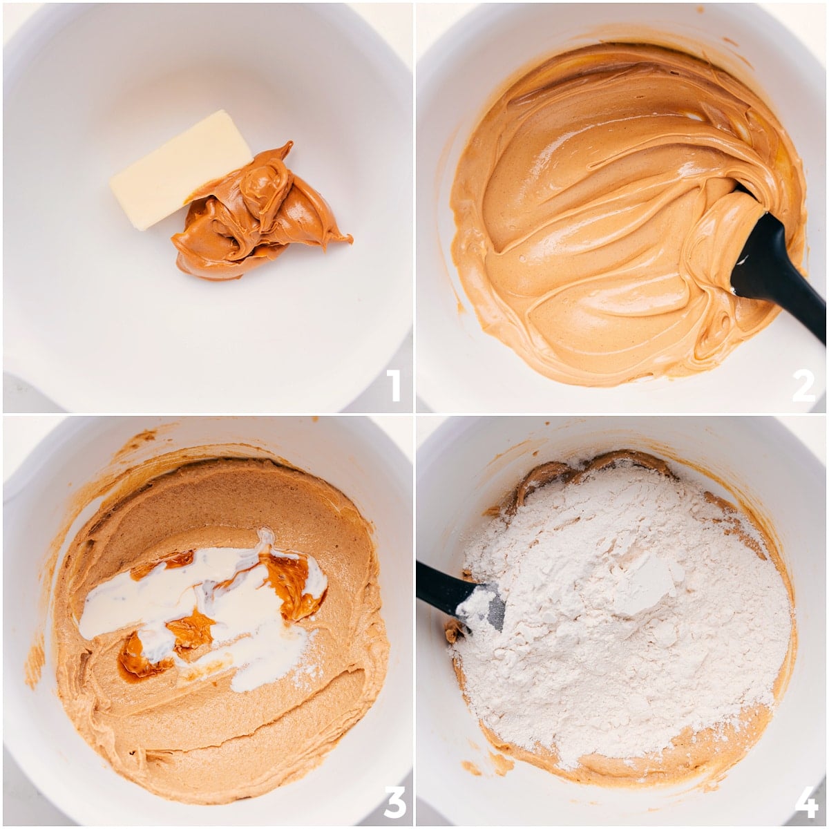 How To Make This Peanut Butter Edible Cookie Dough Peanut butter and butter being beaten together, then sugar, vanilla, salt, and heat-treated flour added for Peanut Butter Edible Cookie Dough.