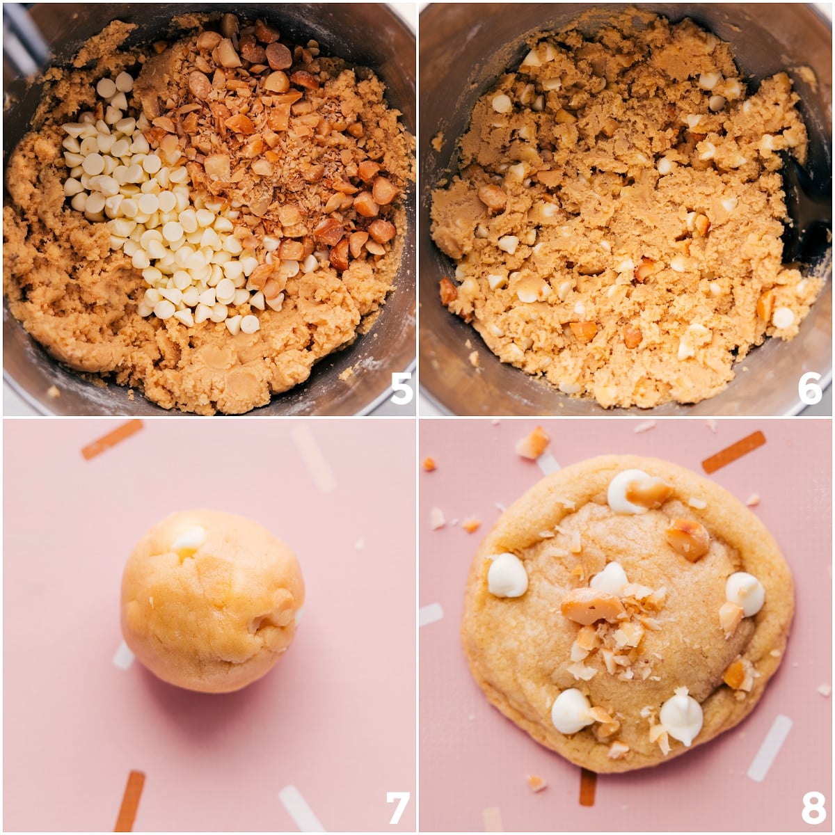 Baking Up This Recipe For Macadamia Nut White Chocolate Chip Cookies Chocolate chips and nuts added to the dough, then rolled into balls and baked
