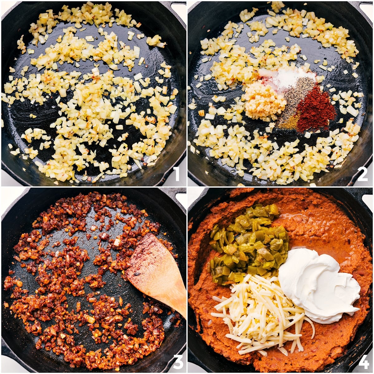Vegetables sautéing in a skillet with seasonings, while the remaining ingredients for this Refried Bean Dip are added in.