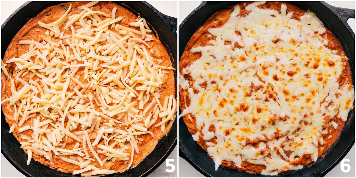 Cheese being spread over the appetizer and it all being baked to perfection.